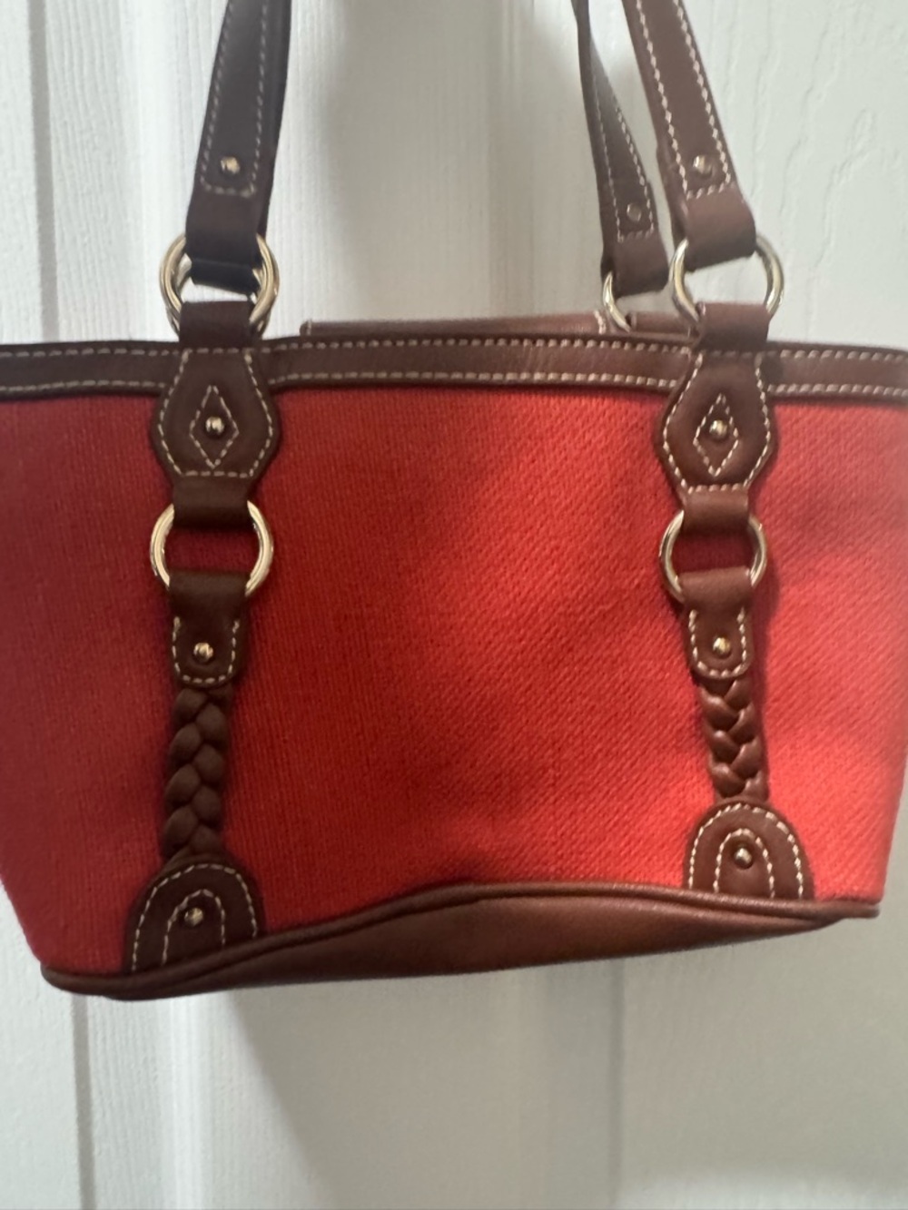 Etienne Aigner Red Canvas Tote with Brown Trim and Ring Accents - Picture 4 of 5